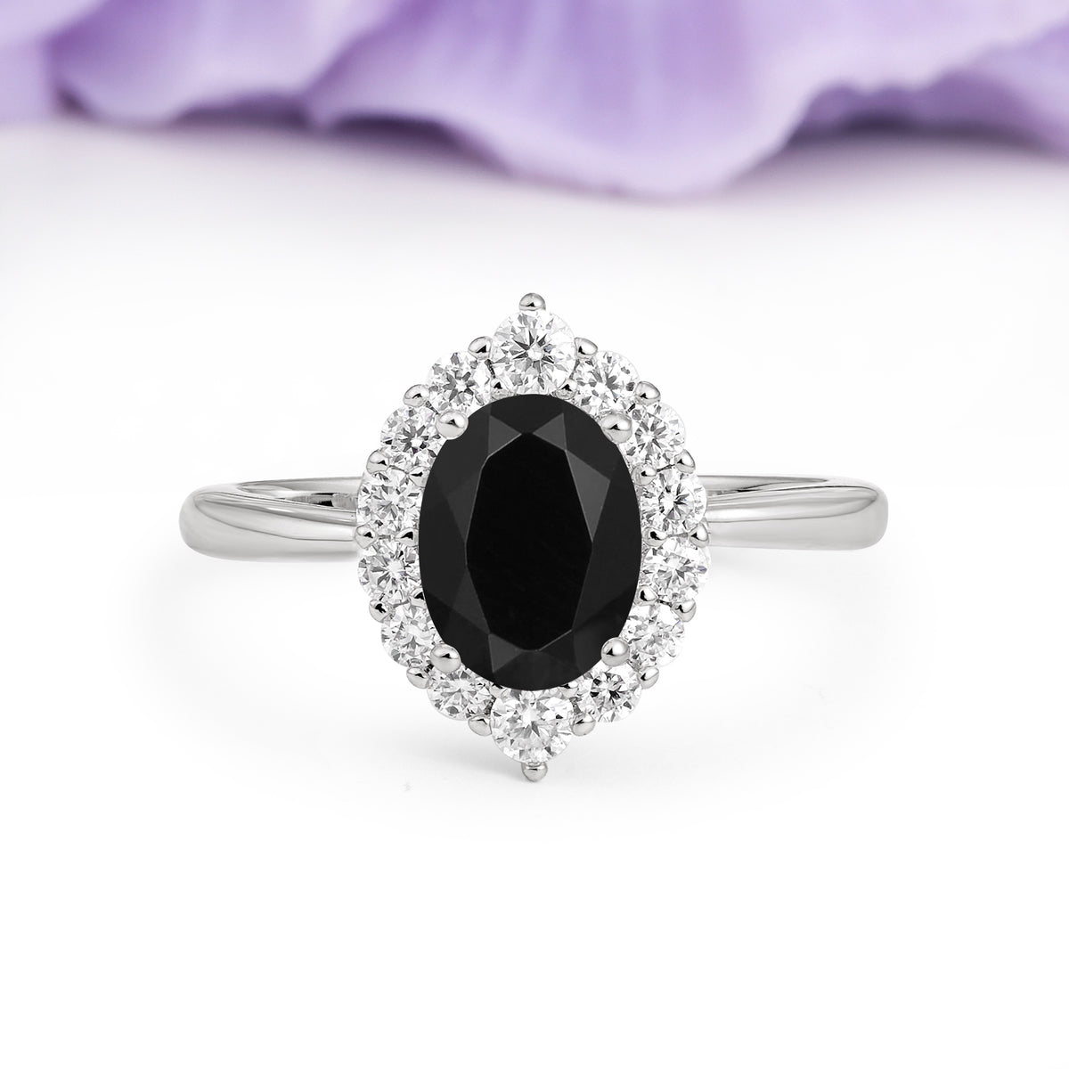 Dainty Plain Polished Band Ball Prong Oval Cut Halo Stackable Black Onyx Engagement Ring - Additional view