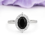 Dainty Plain Polished Band Ball Prong Oval Cut Halo Stackable Black Onyx Engagement Ring - Additional view