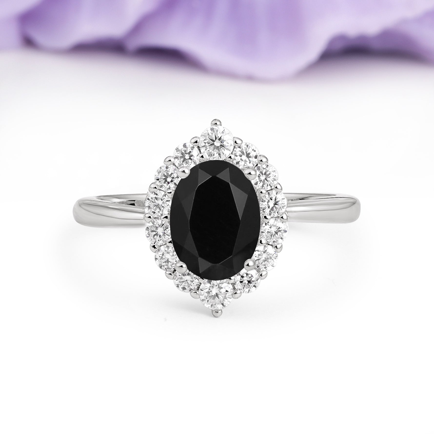 Dainty Plain Polished Band Ball Prong Oval Cut Halo Stackable Black Onyx Engagement Ring - Additional view
