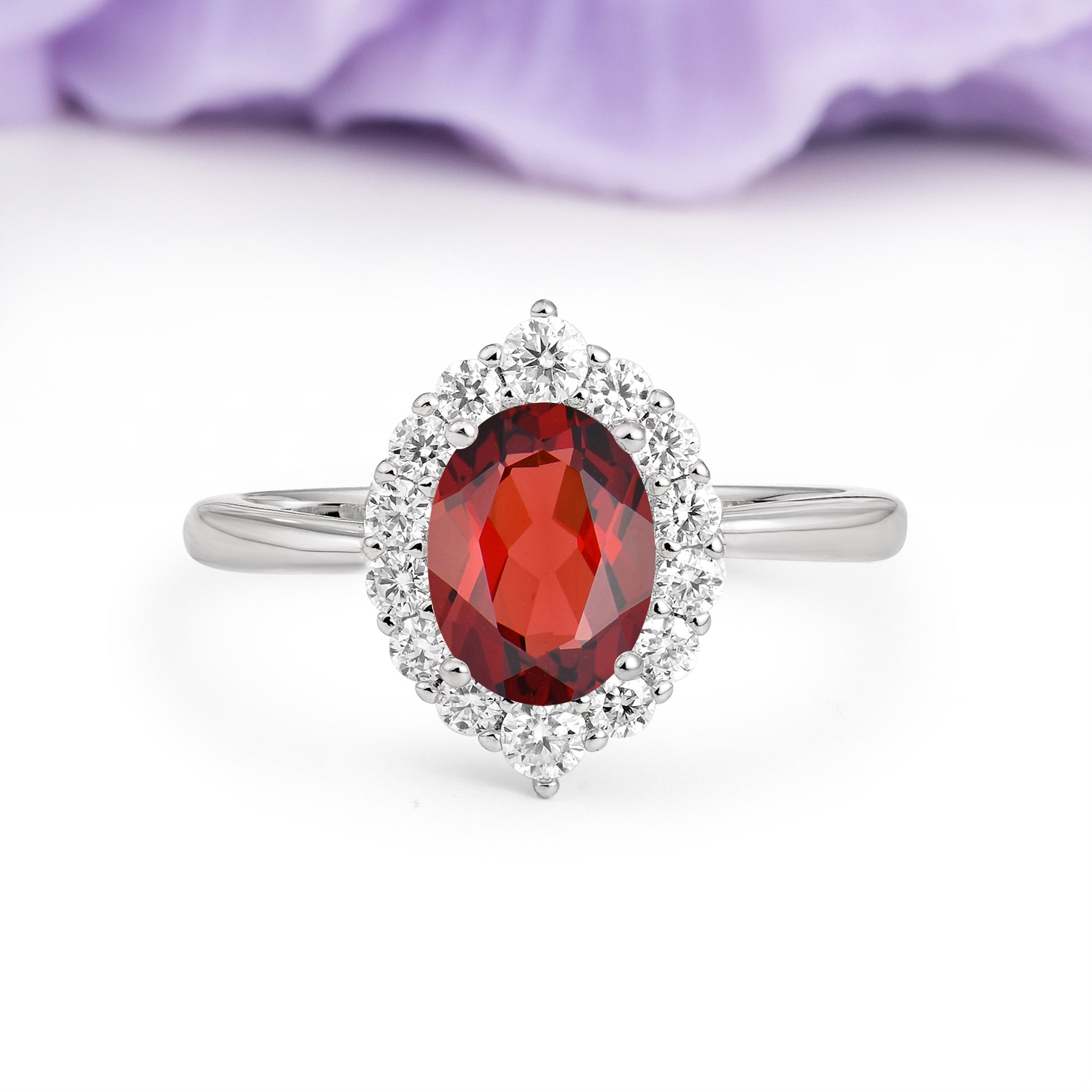 Dainty Plain Polished Band Ball Prong Oval Cut Halo Stackable Garnet Engagement Ring - Additional view