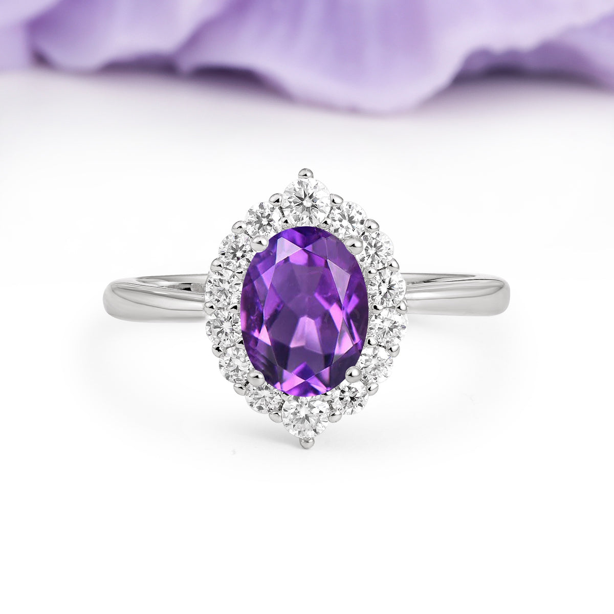Dainty Plain Polished Band Ball Prong Oval Cut Halo Stackable Amethyst Engagement Ring - Additional view