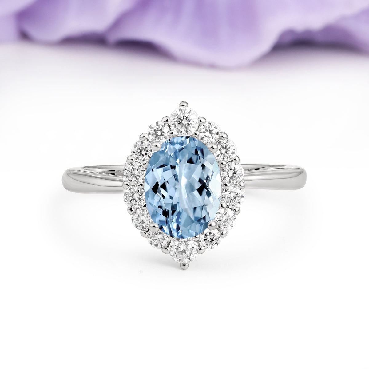 Dainty Plain Polished Band Ball Prong Oval Cut Halo Stackable Aquamarine Engagement Ring - Additional view