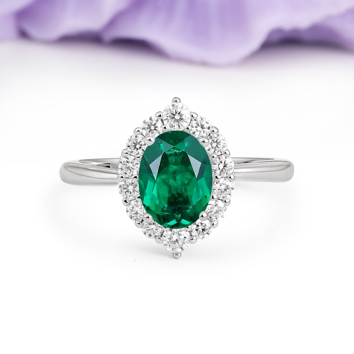 Dainty Plain Polished Band Ball Prong Oval Cut Halo Stackable Emerald Engagement Ring - Additional view