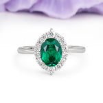Dainty Plain Polished Band Ball Prong Oval Cut Halo Stackable Emerald Engagement Ring - Additional view
