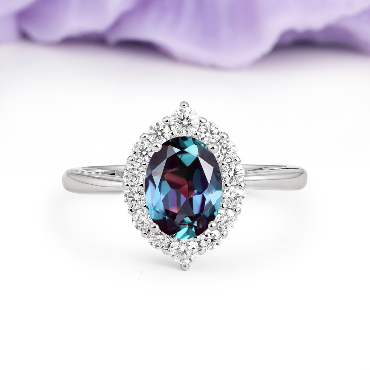 Dainty Plain Polished Band Ball Prong Oval Cut Halo Stackable Alexandrite Engagement Ring - Additional view