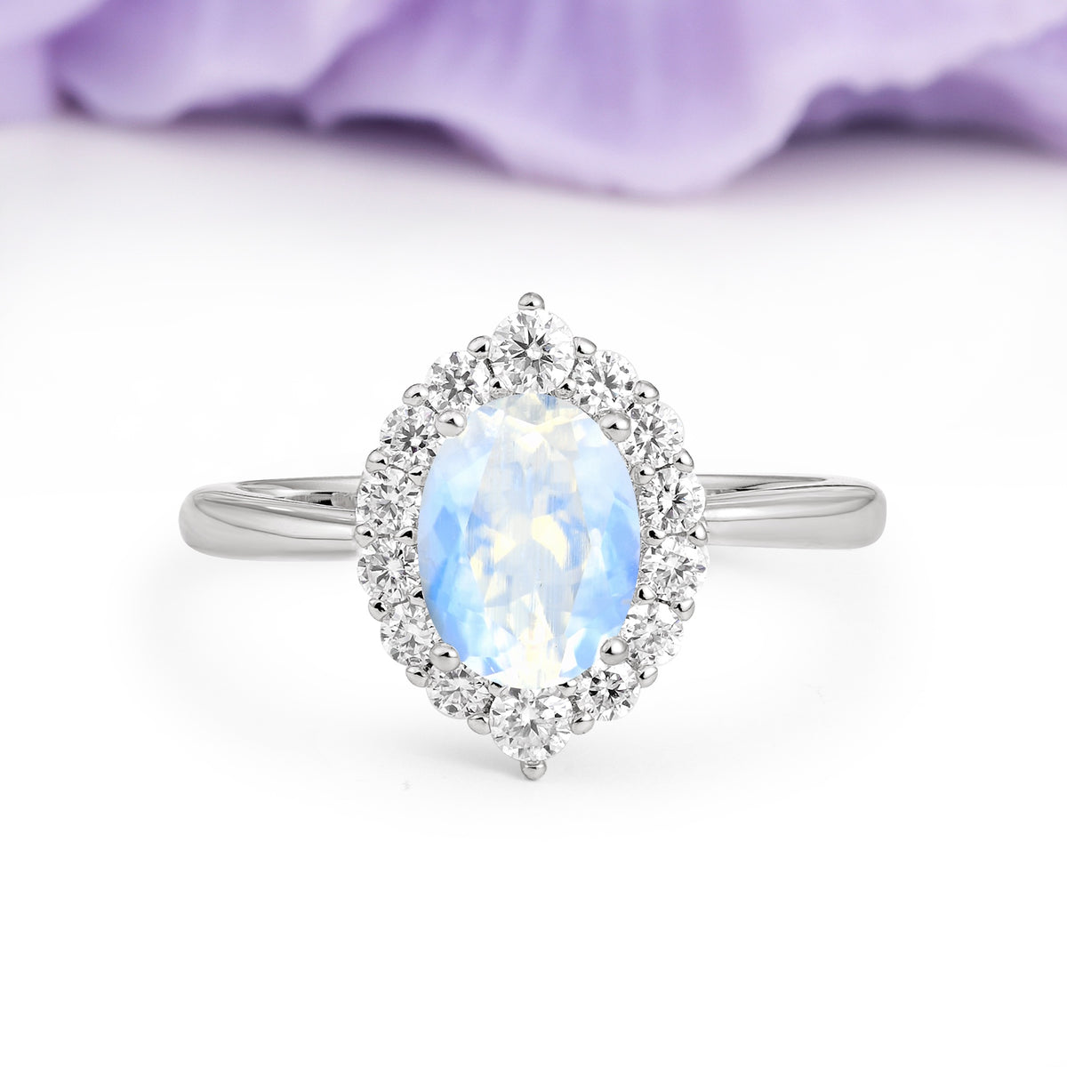 Dainty Plain Polished Band Ball Prong Oval Cut Halo Stackable Moonstone Engagement Ring - Additional view