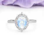 Dainty Plain Polished Band Ball Prong Oval Cut Halo Stackable Moonstone Engagement Ring - Additional view