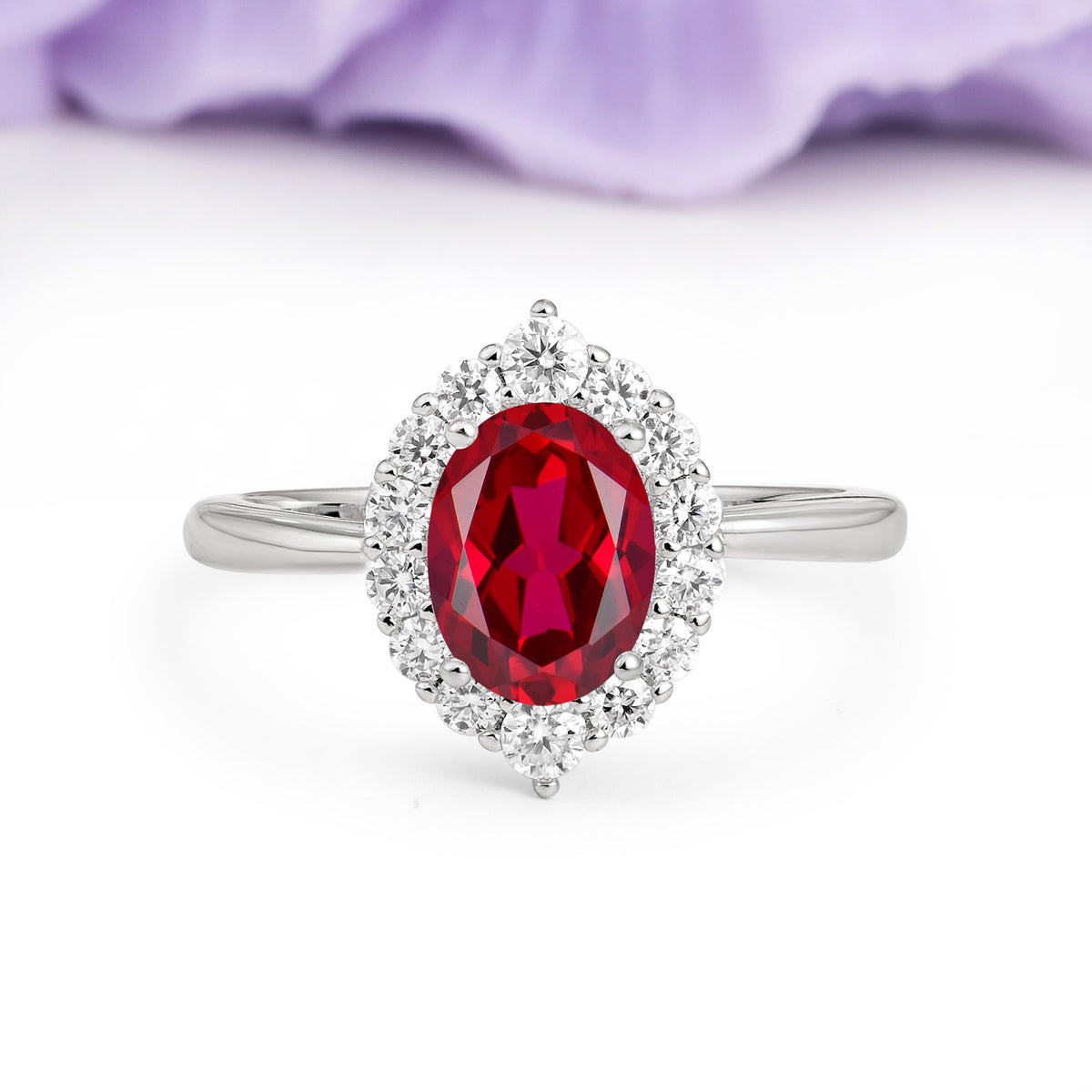 Dainty Plain Polished Band Ball Prong Oval Cut Halo Stackable Ruby Engagement Ring - Additional view