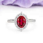 Dainty Plain Polished Band Ball Prong Oval Cut Halo Stackable Ruby Engagement Ring - Additional view
