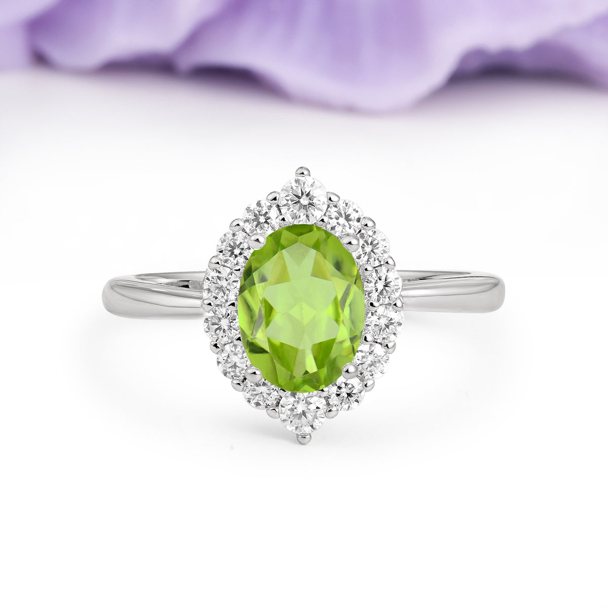 Dainty Plain Polished Band Ball Prong Oval Cut Halo Stackable Peridot Engagement Ring - Additional view