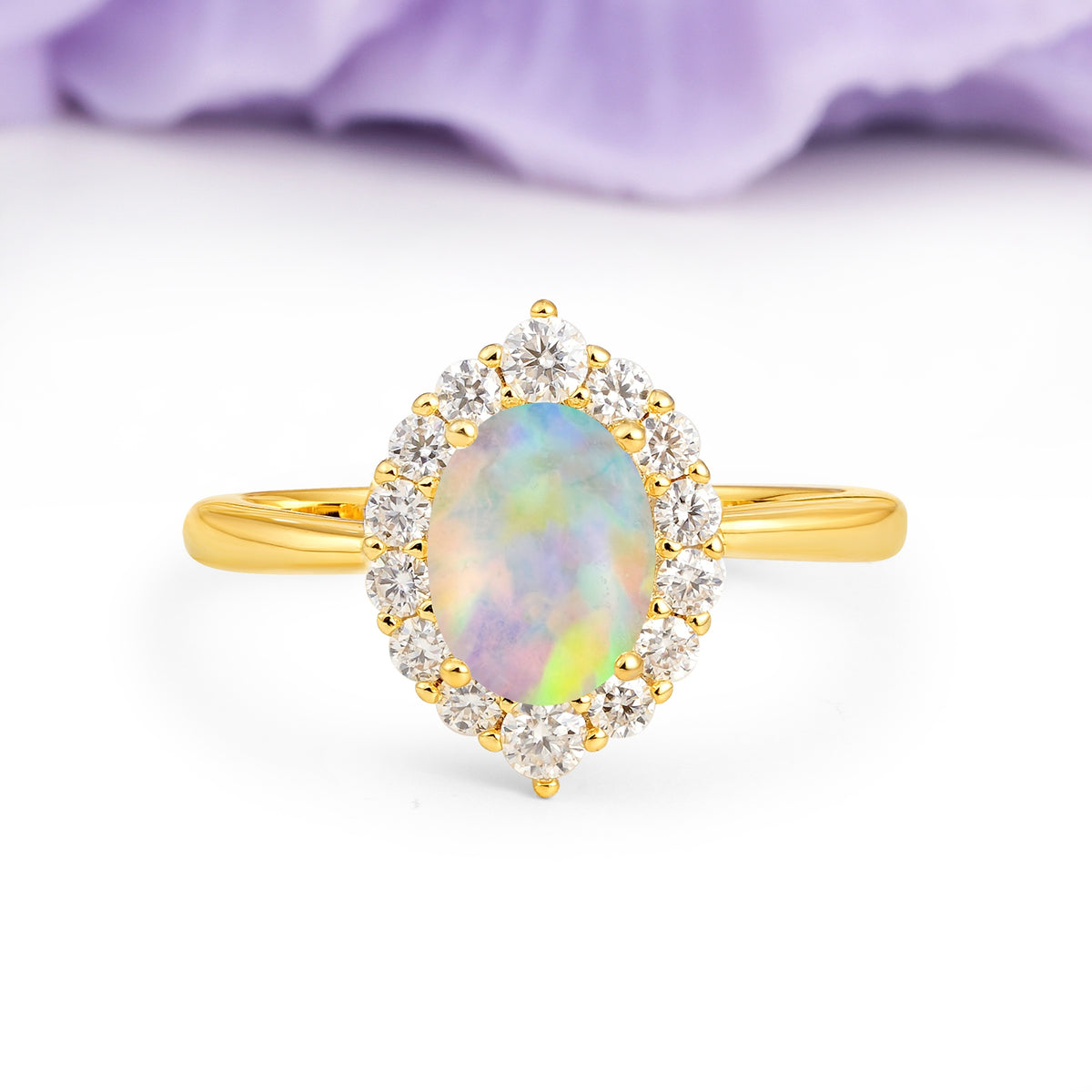 Dainty Plain Polished Band Ball Prong Oval Cut Halo Stackable Fire Opal Engagement Ring - Additional view
