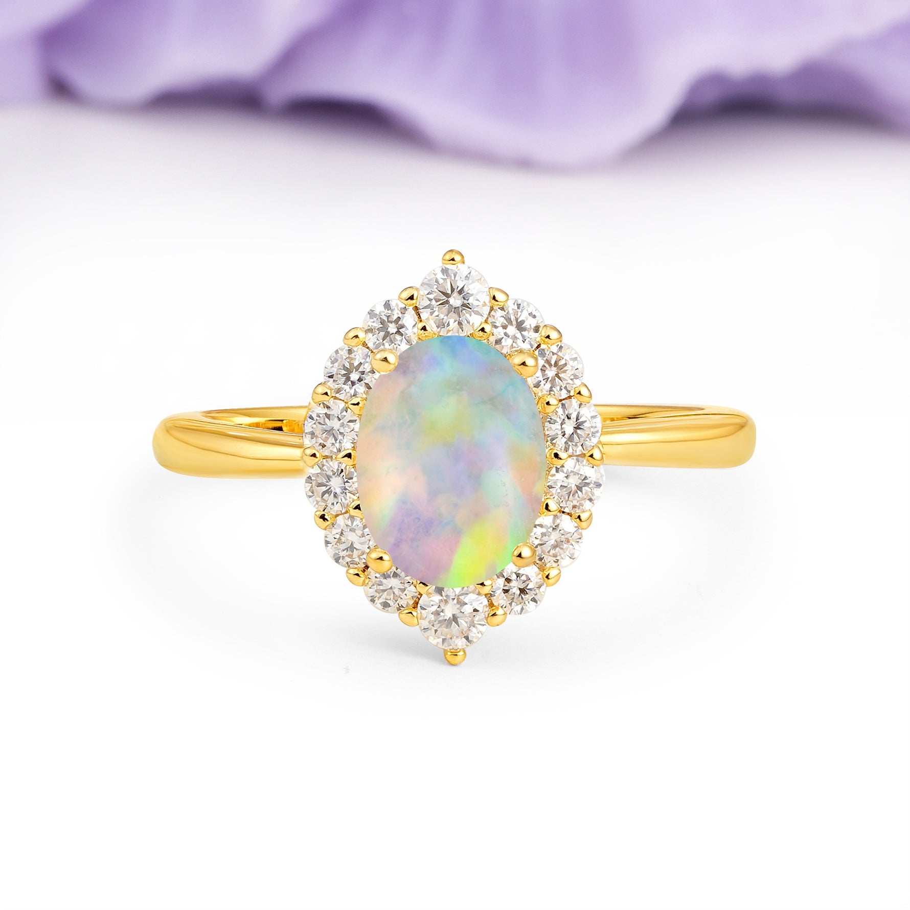 Dainty Plain Polished Band Ball Prong Oval Cut Halo Stackable Fire Opal Engagement Ring - Additional view