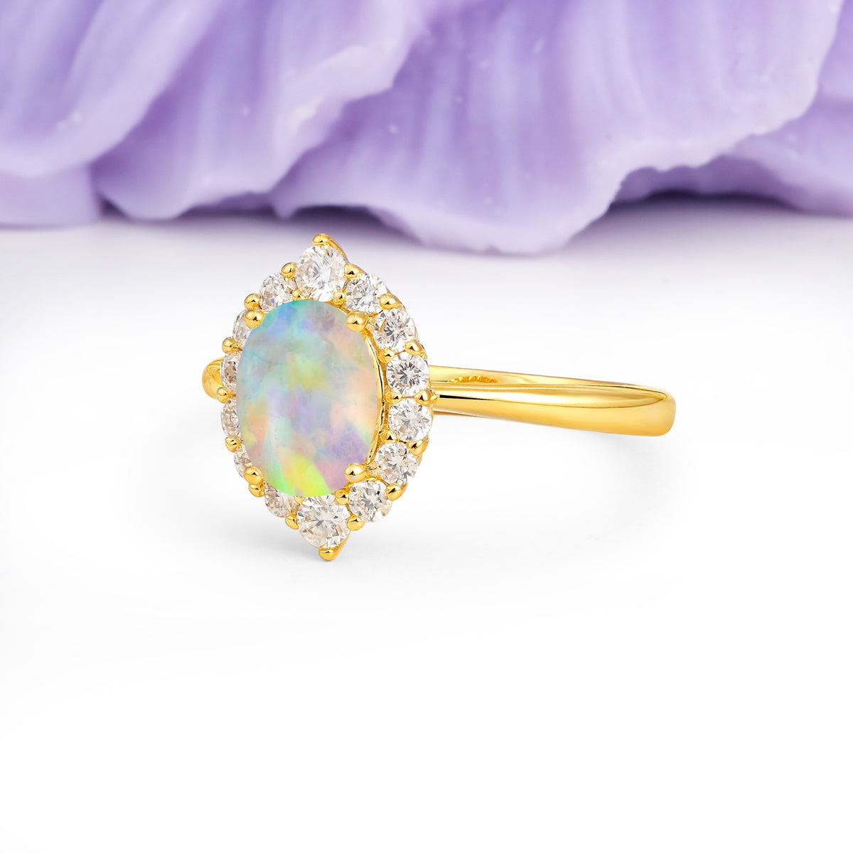 Dainty Plain Polished Band Ball Prong Oval Cut Halo Stackable Fire Opal Engagement Ring - Additional view