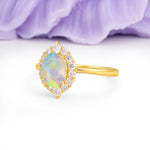 Dainty Plain Polished Band Ball Prong Oval Cut Halo Stackable Fire Opal Engagement Ring - Additional view