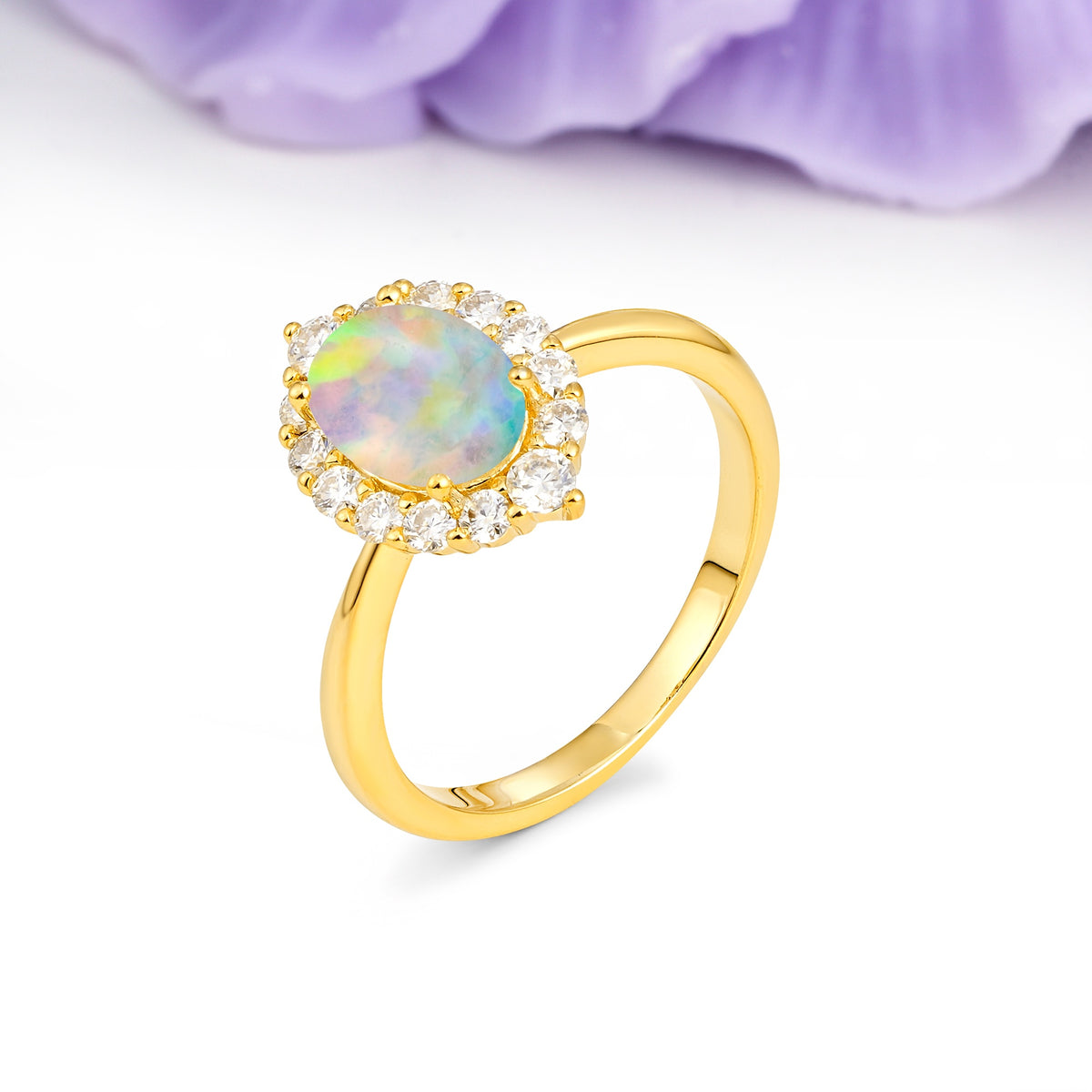 Dainty Plain Polished Band Ball Prong Oval Cut Halo Stackable Fire Opal Engagement Ring - Additional view