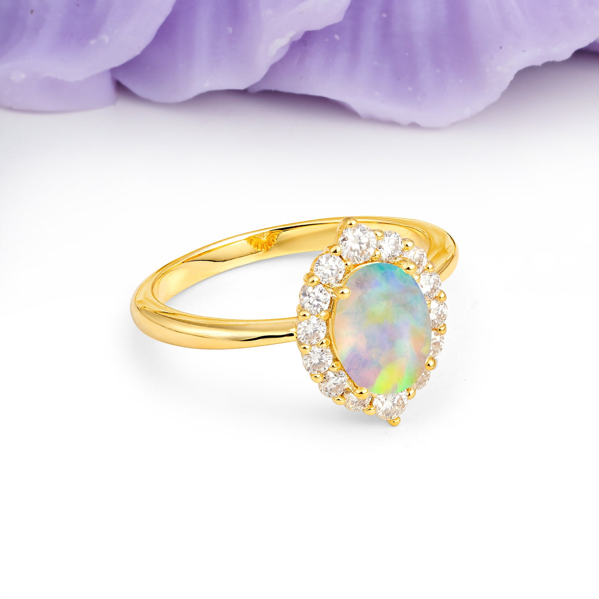 Dainty Plain Polished Band Ball Prong Oval Cut Halo Stackable Fire Opal Engagement Ring - Additional view