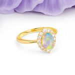 Dainty Plain Polished Band Ball Prong Oval Cut Halo Stackable Fire Opal Engagement Ring - Additional view