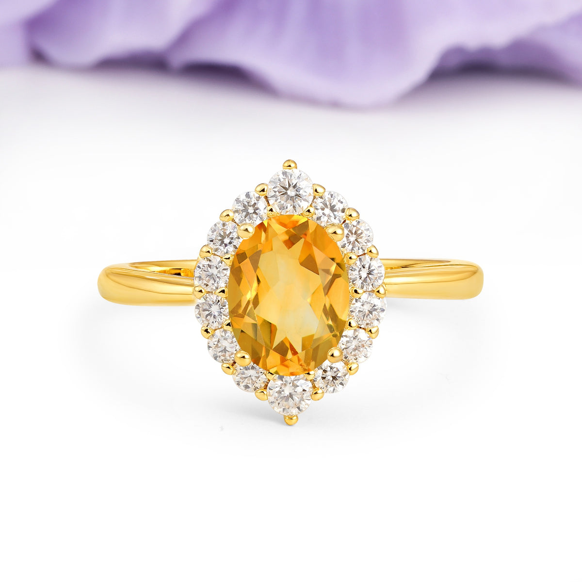 Dainty Plain Polished Band Ball Prong Oval Cut Halo Stackable Citrine Engagement Ring - Additional view