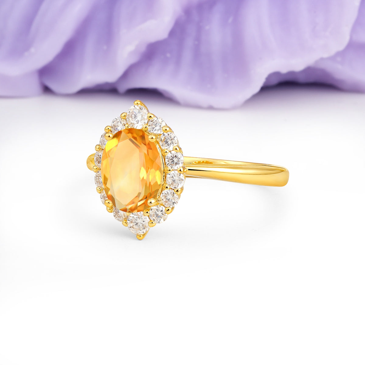 Dainty Plain Polished Band Ball Prong Oval Cut Halo Stackable Citrine Engagement Ring - Additional view