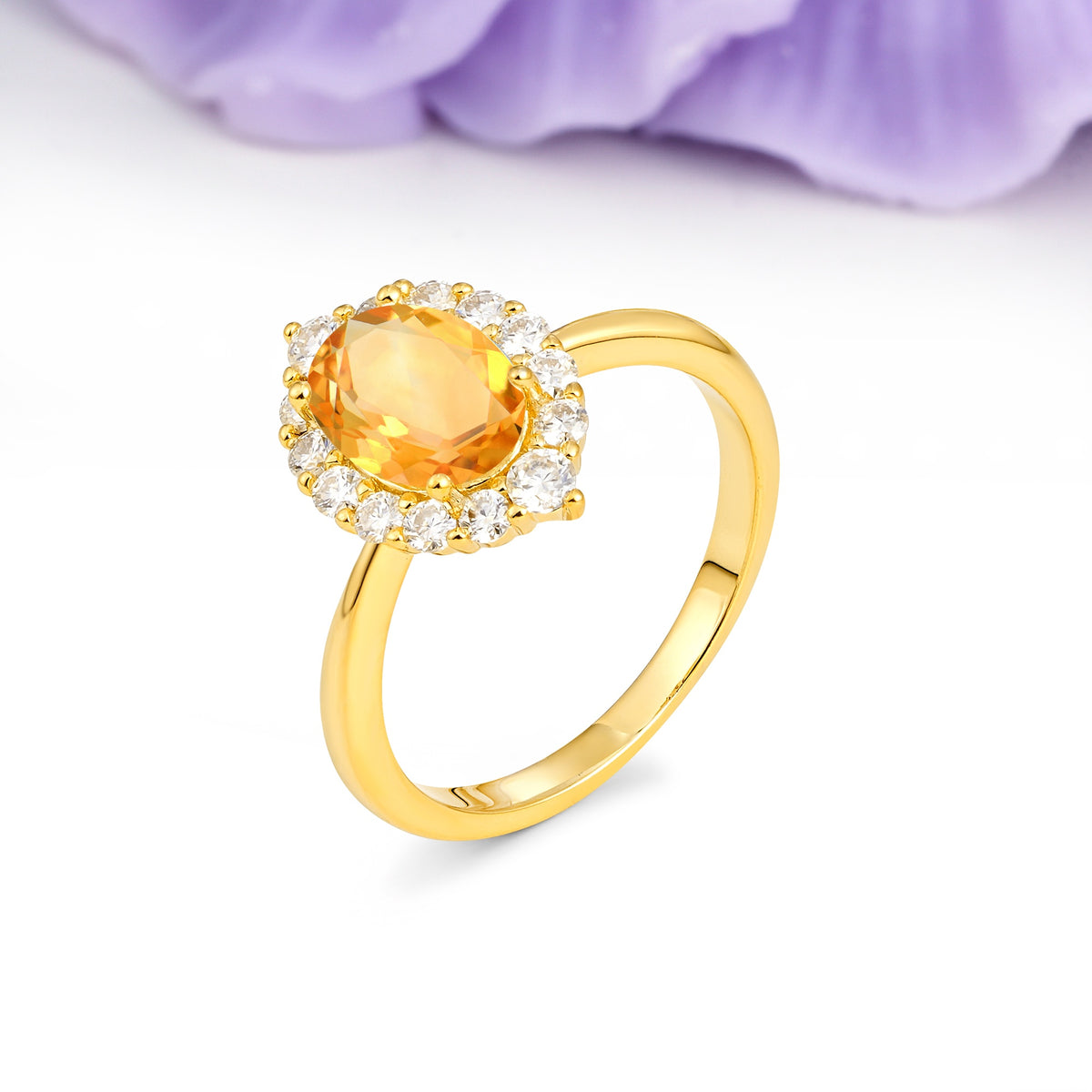 Dainty Plain Polished Band Ball Prong Oval Cut Halo Stackable Citrine Engagement Ring - Additional view
