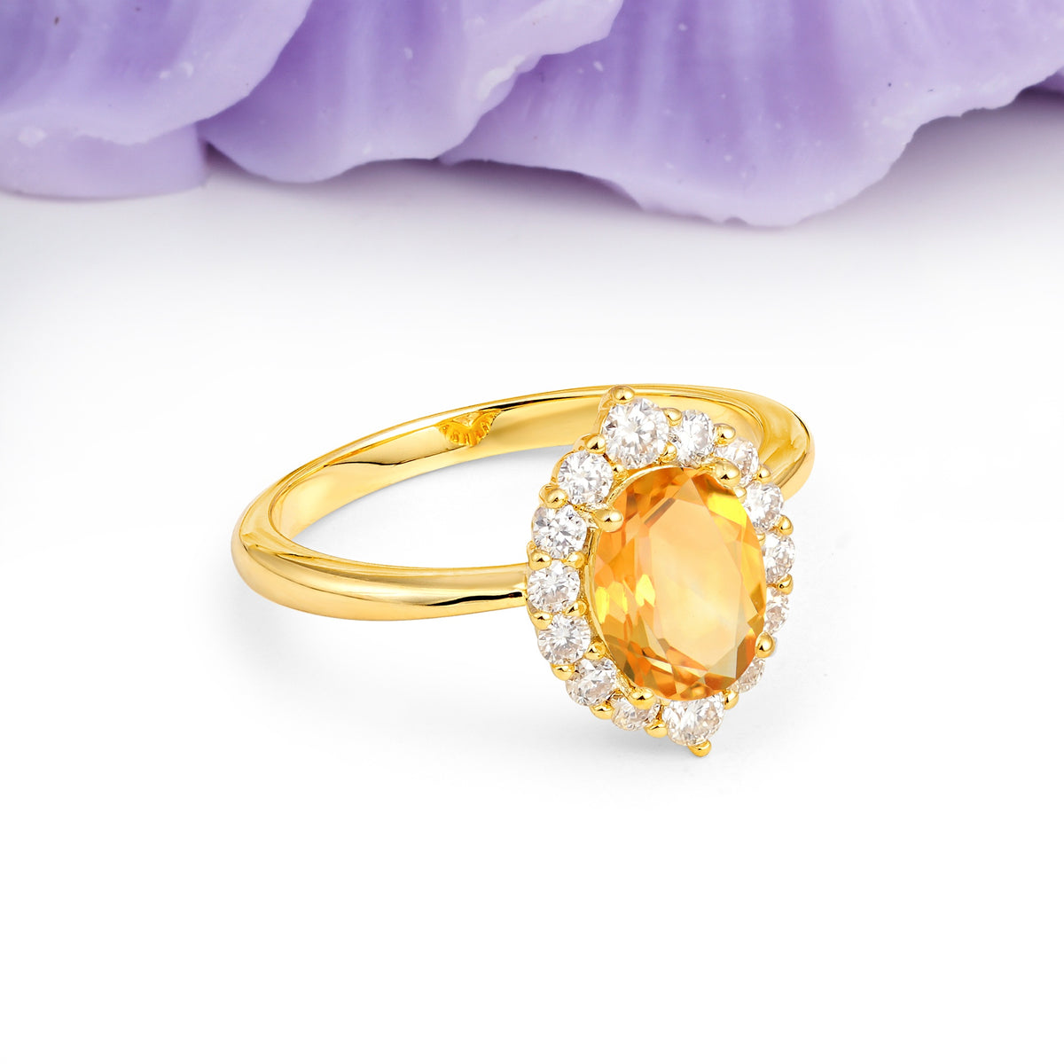Dainty Plain Polished Band Ball Prong Oval Cut Halo Stackable Citrine Engagement Ring - Additional view