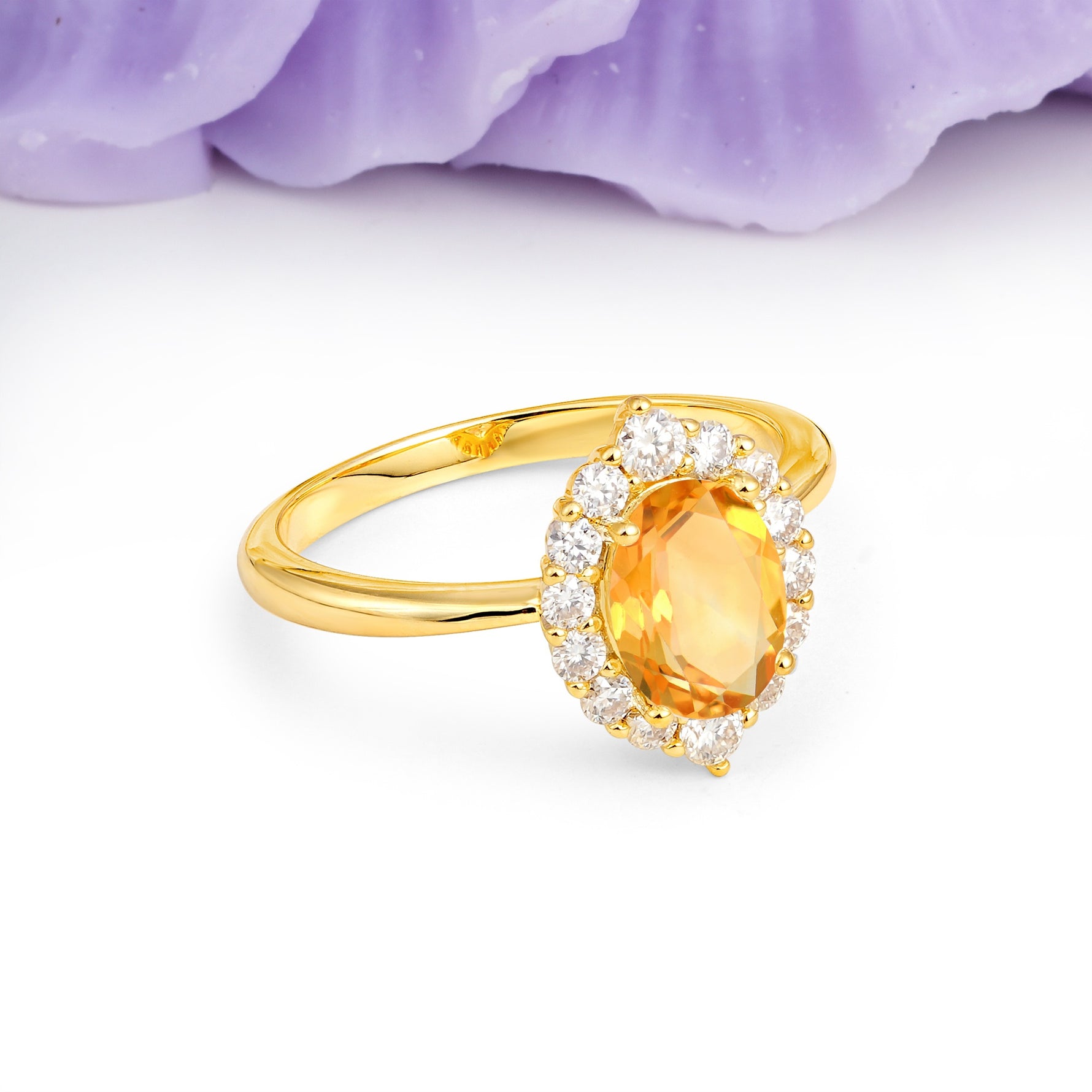 Dainty Plain Polished Band Ball Prong Oval Cut Halo Stackable Citrine Engagement Ring - Additional view