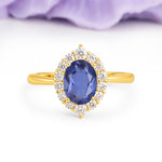 Dainty Plain Polished Band Ball Prong Oval Cut Halo Stackable Tanzanite Engagement Ring - Additional view