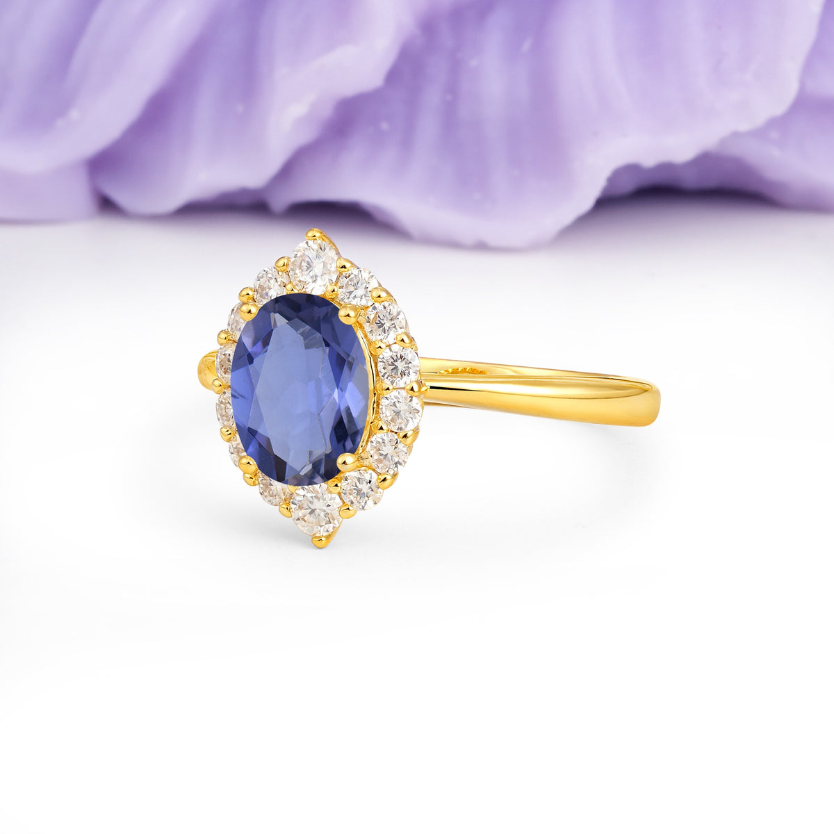 Dainty Plain Polished Band Ball Prong Oval Cut Halo Stackable Tanzanite Engagement Ring - Additional view