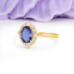 Dainty Plain Polished Band Ball Prong Oval Cut Halo Stackable Tanzanite Engagement Ring - Additional view