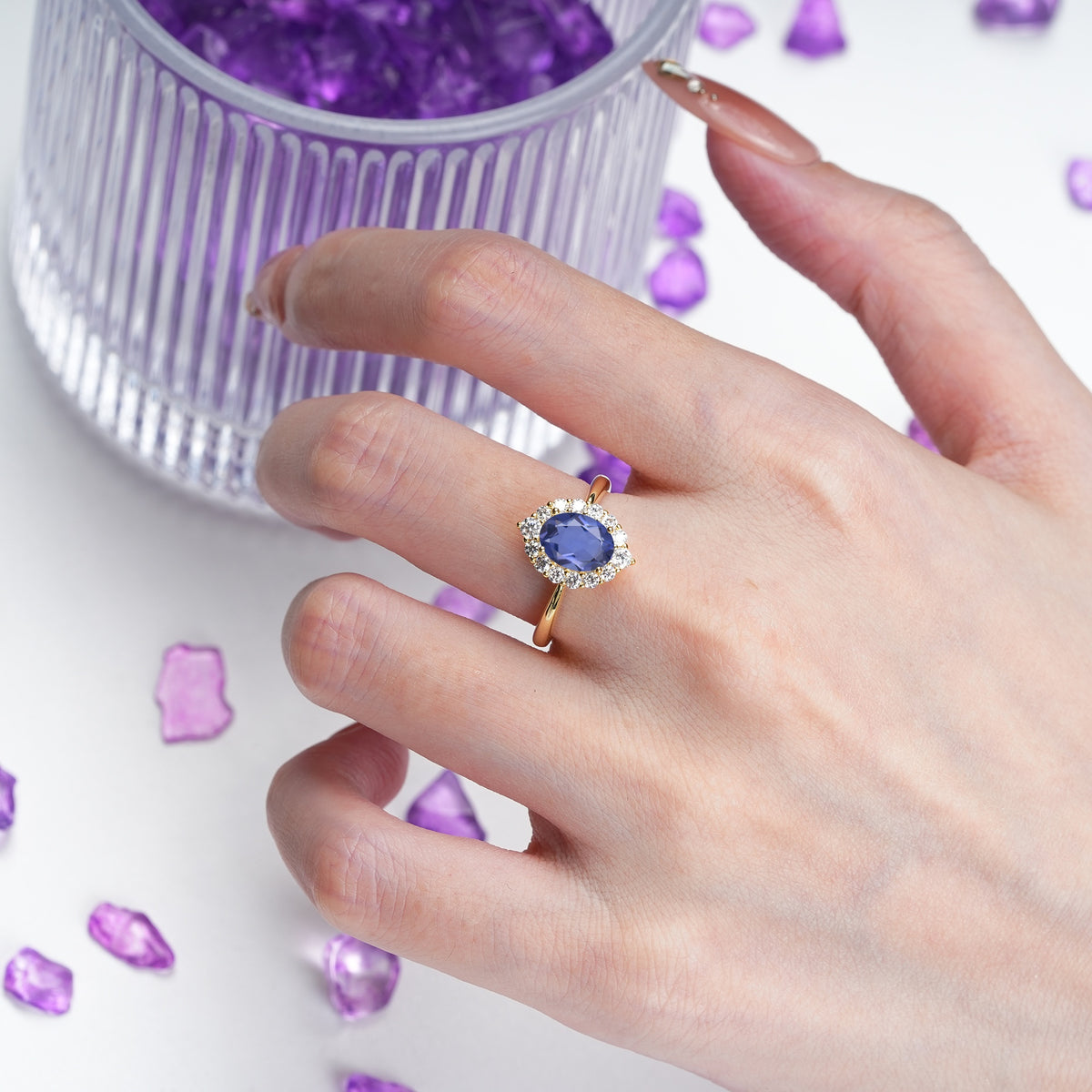 Dainty Plain Polished Band Ball Prong Oval Cut Halo Stackable Tanzanite Engagement Ring - Additional view