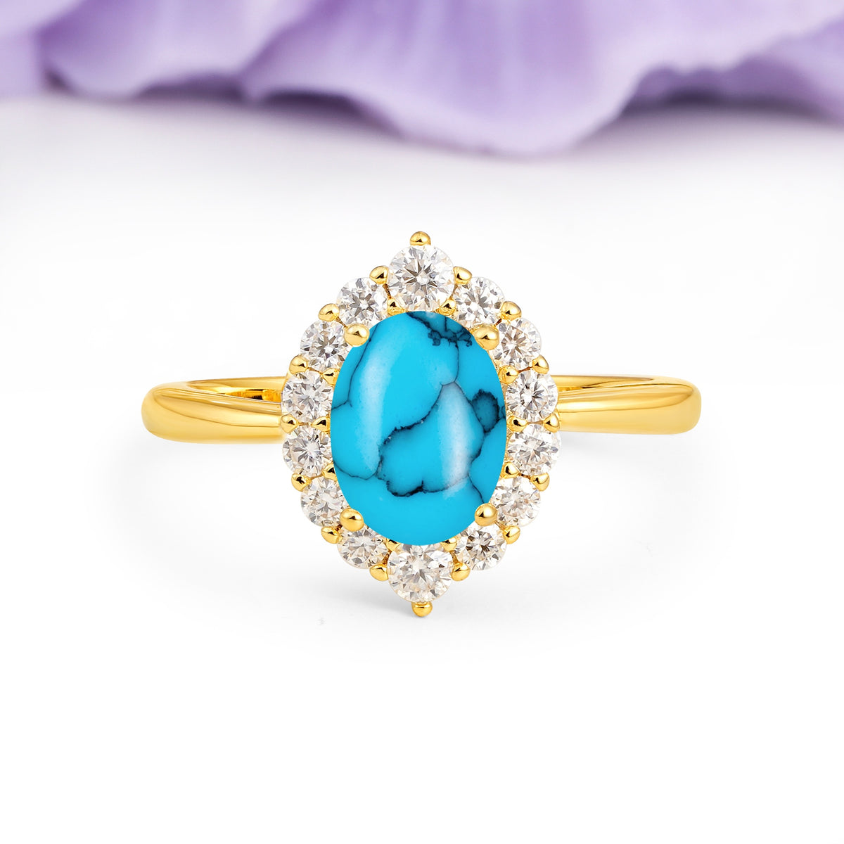 Dainty Plain Polished Band Ball Prong Oval Cut Halo Stackable Turquoise Engagement Ring - Additional view