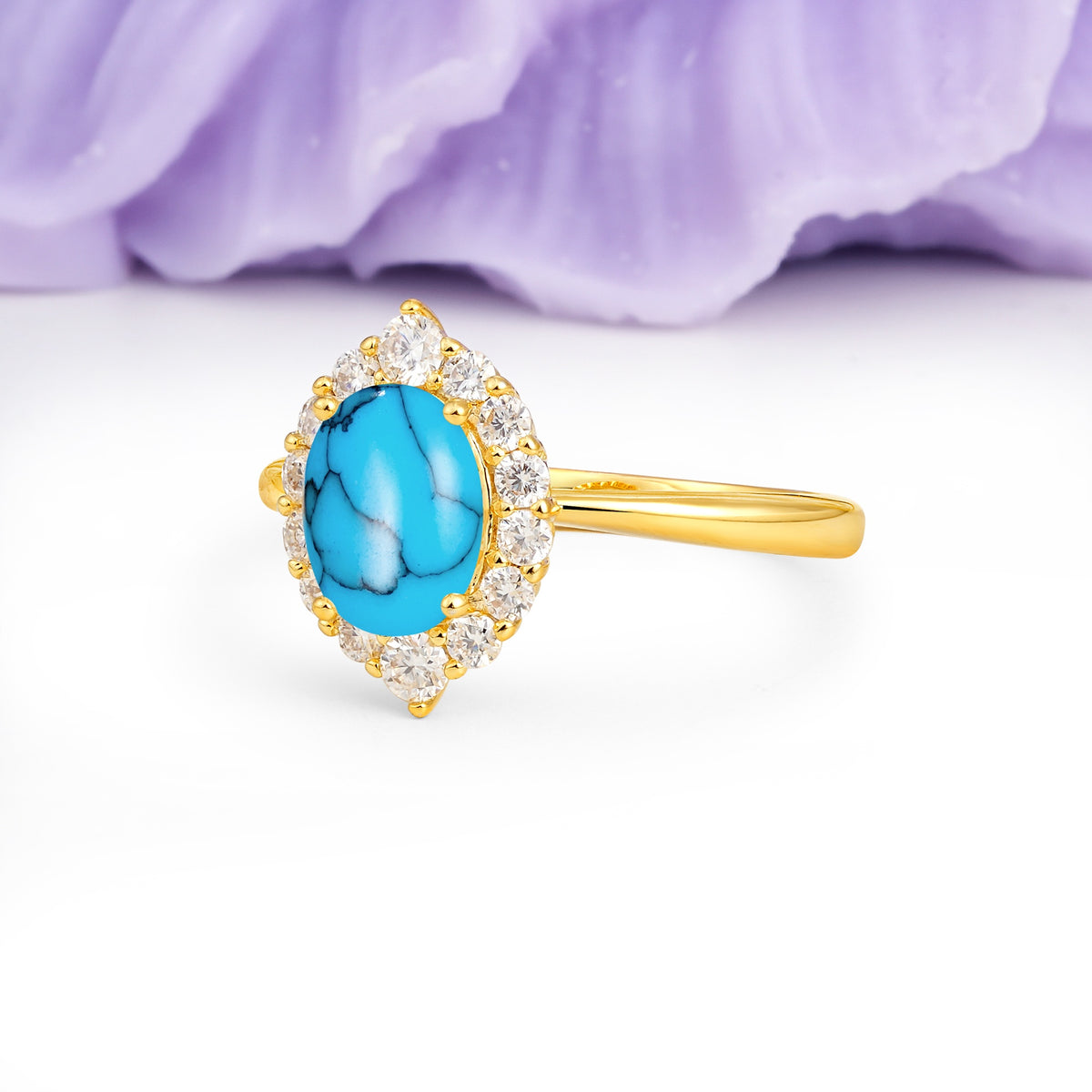 Dainty Plain Polished Band Ball Prong Oval Cut Halo Stackable Turquoise Engagement Ring - Additional view