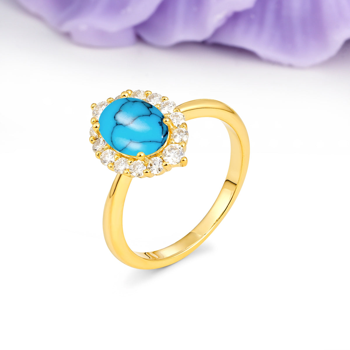 Dainty Plain Polished Band Ball Prong Oval Cut Halo Stackable Turquoise Engagement Ring - Additional view
