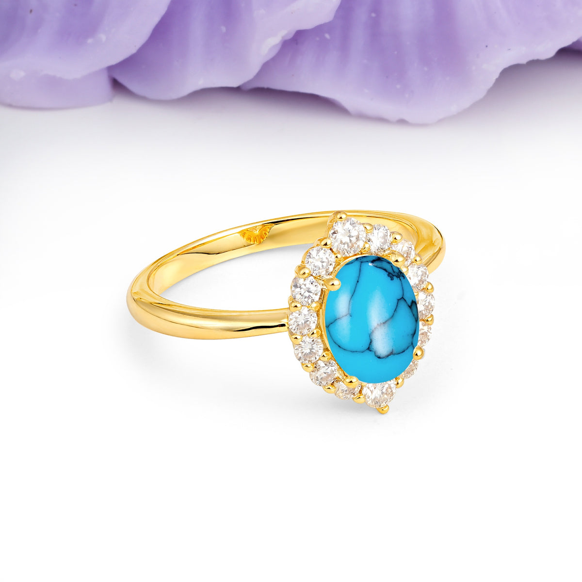 Dainty Plain Polished Band Ball Prong Oval Cut Halo Stackable Turquoise Engagement Ring - Additional view