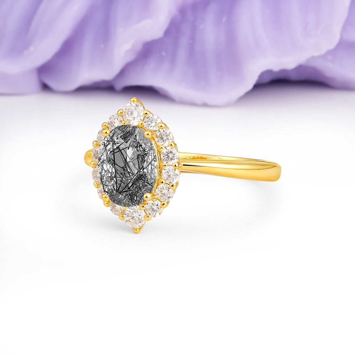 Dainty Plain Polished Band Ball Prong Oval Cut Halo Stackable Black Rutilated Quartz Engagement Ring - Additional view