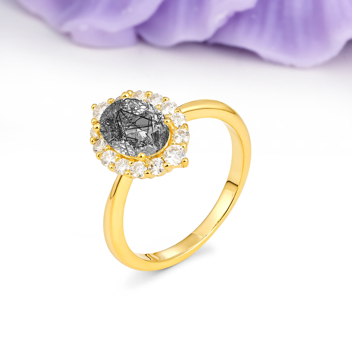Dainty Plain Polished Band Ball Prong Oval Cut Halo Stackable Black Rutilated Quartz Engagement Ring - Additional view