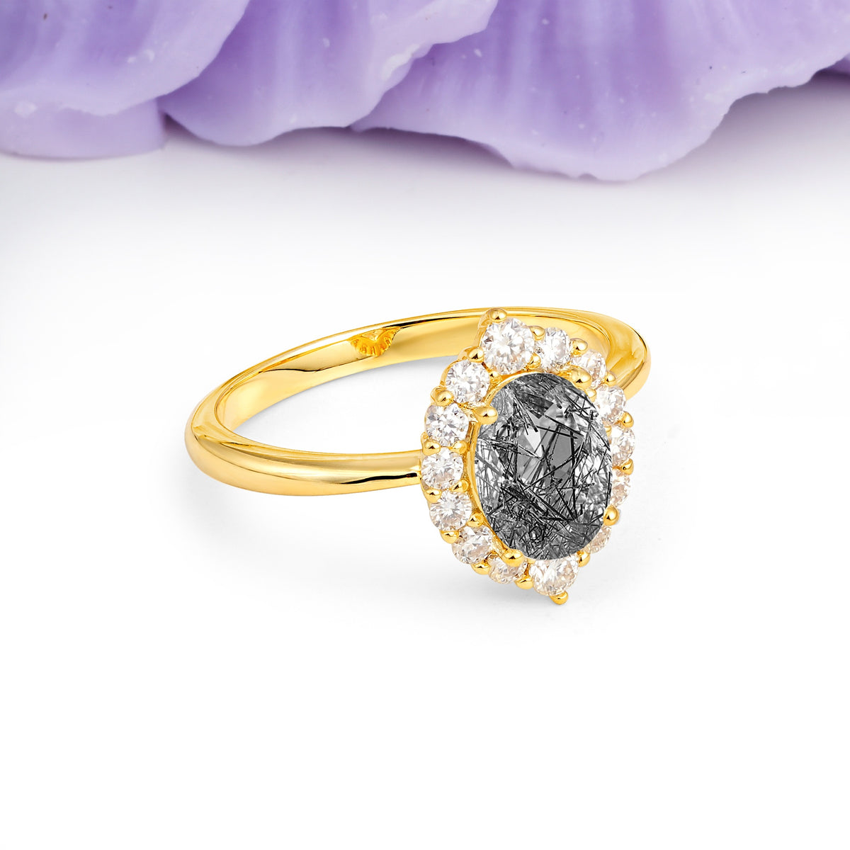Dainty Plain Polished Band Ball Prong Oval Cut Halo Stackable Black Rutilated Quartz Engagement Ring - Additional view