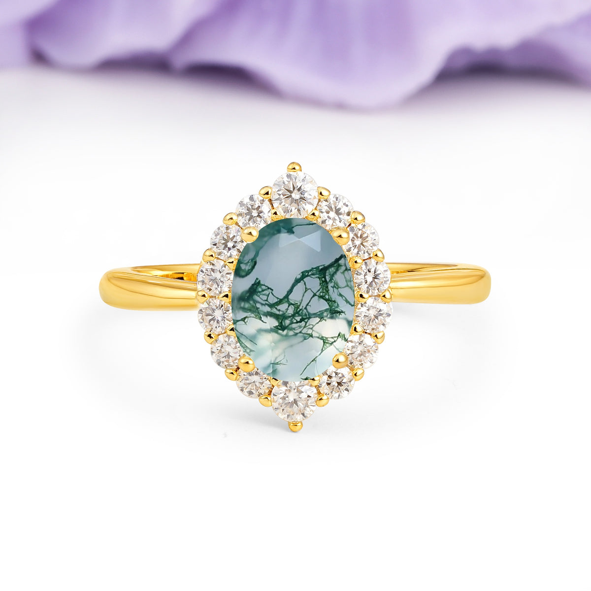 Dainty Plain Polished Band Ball Prong Oval Cut Halo Stackable Moss Agate Engagement Ring - Additional view