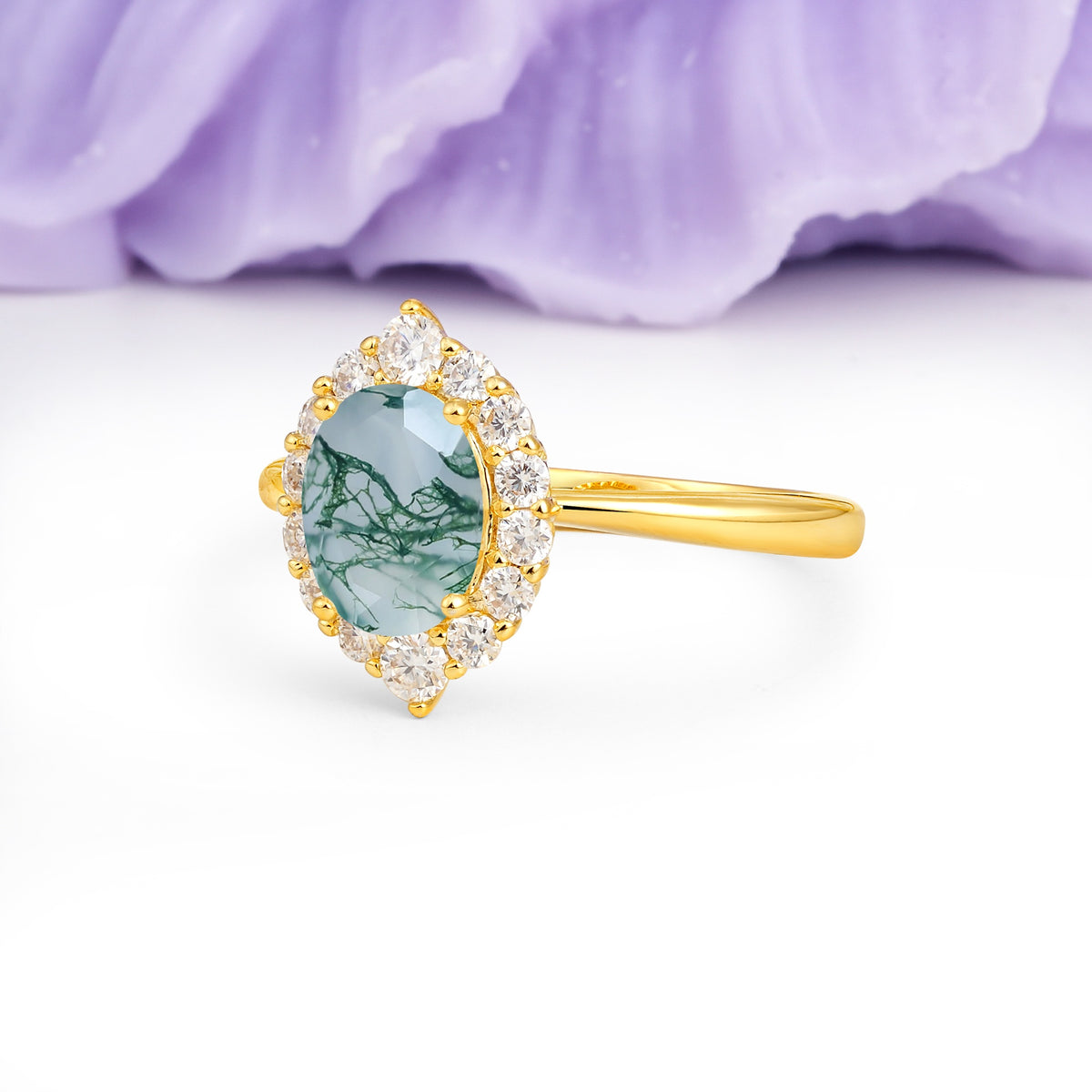 Dainty Plain Polished Band Ball Prong Oval Cut Halo Stackable Moss Agate Engagement Ring - Additional view