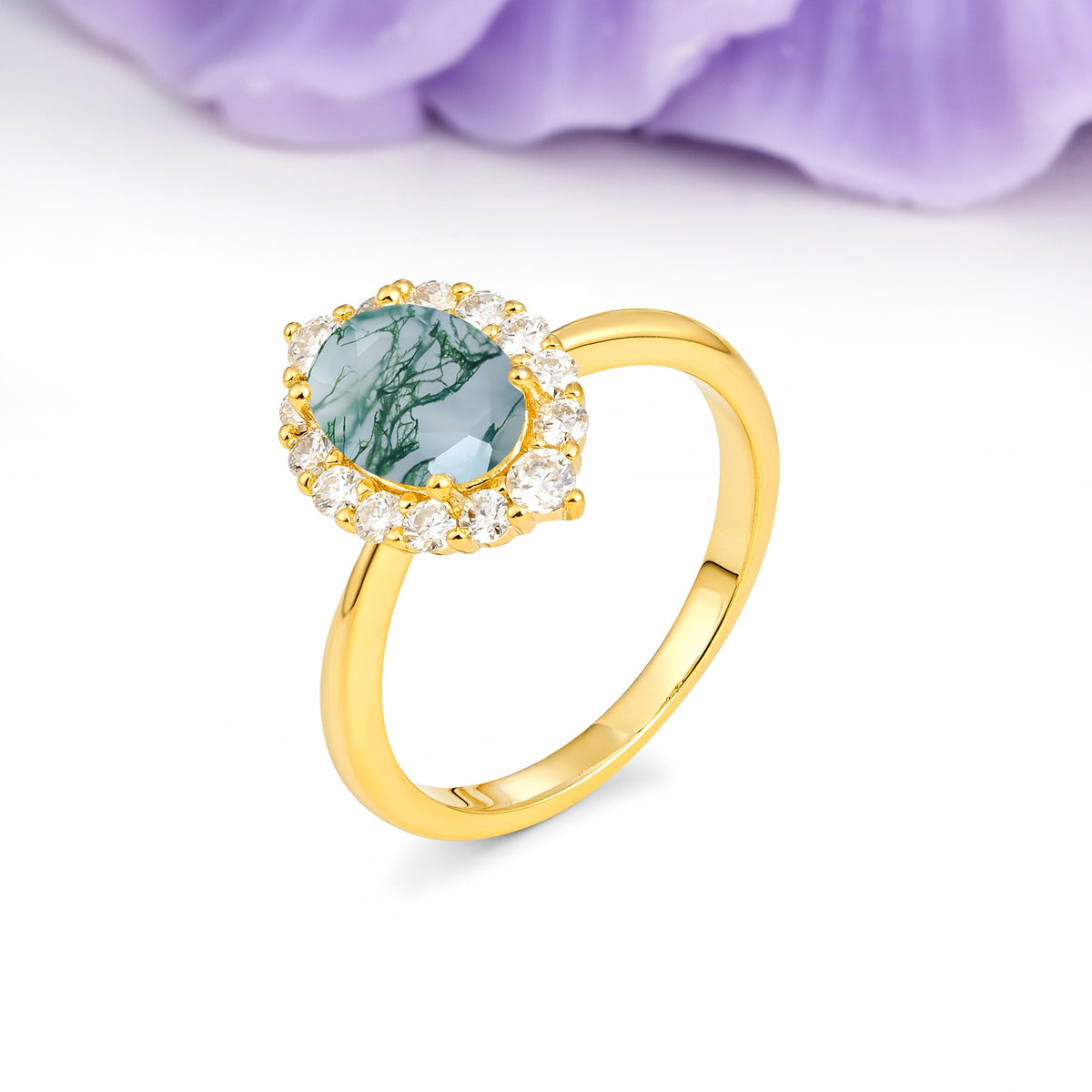 Dainty Plain Polished Band Ball Prong Oval Cut Halo Stackable Moss Agate Engagement Ring - Additional view