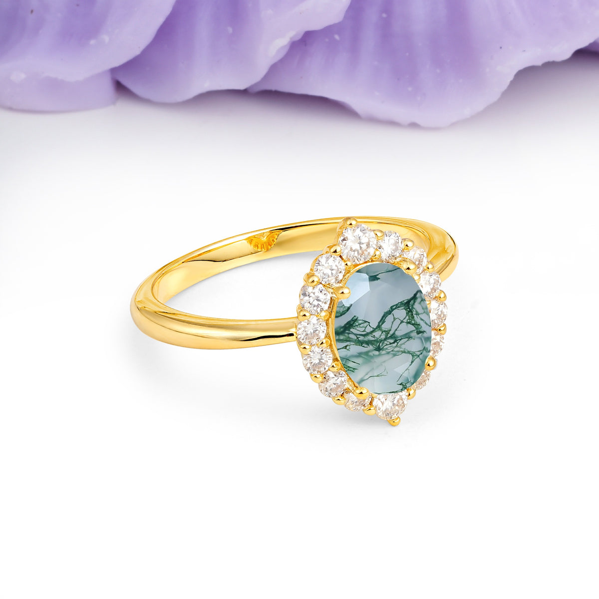 Dainty Plain Polished Band Ball Prong Oval Cut Halo Stackable Moss Agate Engagement Ring - Additional view