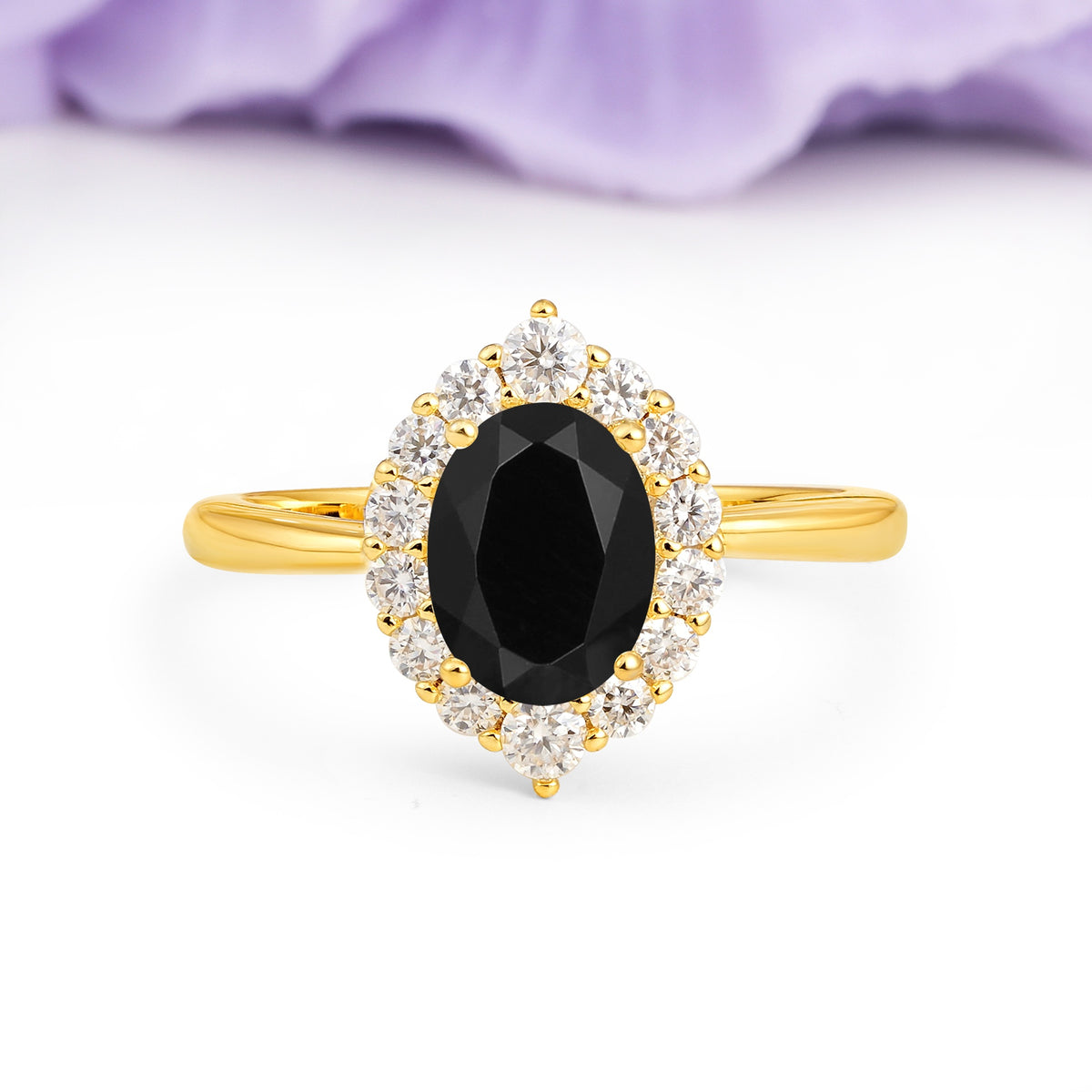 Dainty Plain Polished Band Ball Prong Oval Cut Halo Stackable Black Onyx Engagement Ring - Additional view