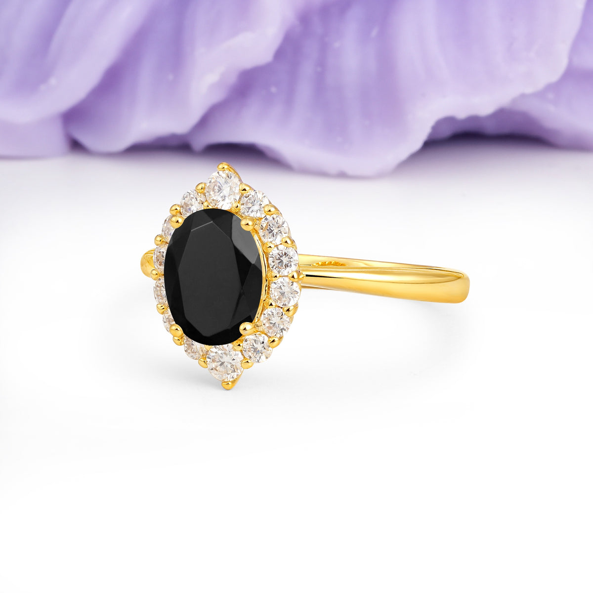 Dainty Plain Polished Band Ball Prong Oval Cut Halo Stackable Black Onyx Engagement Ring - Additional view