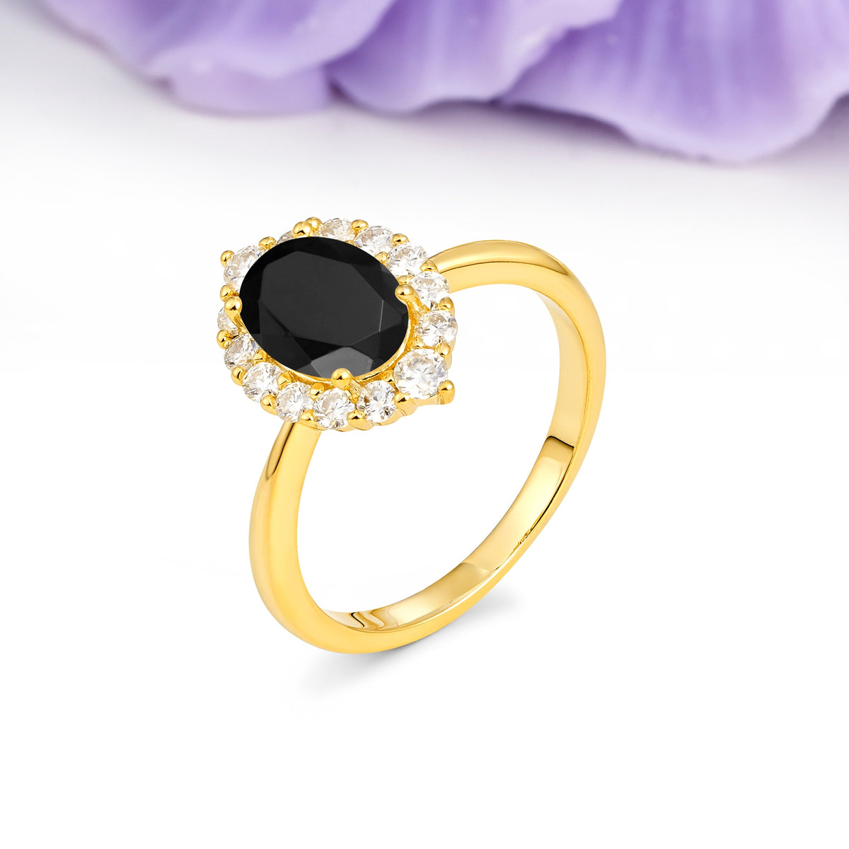 Dainty Plain Polished Band Ball Prong Oval Cut Halo Stackable Black Onyx Engagement Ring - Additional view