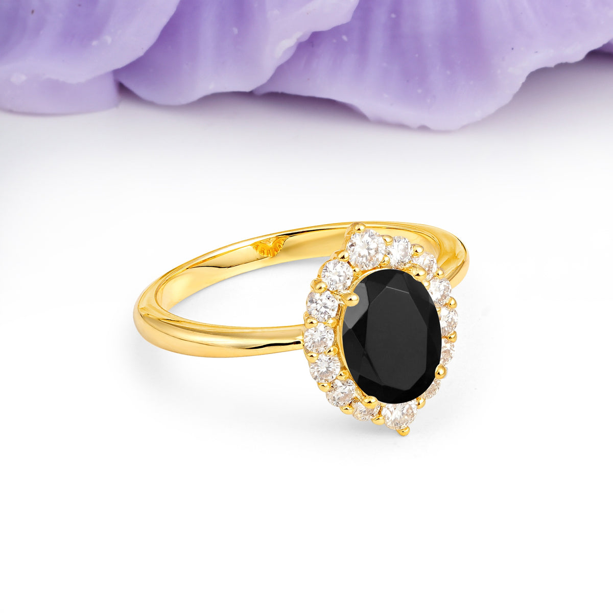 Dainty Plain Polished Band Ball Prong Oval Cut Halo Stackable Black Onyx Engagement Ring - Additional view