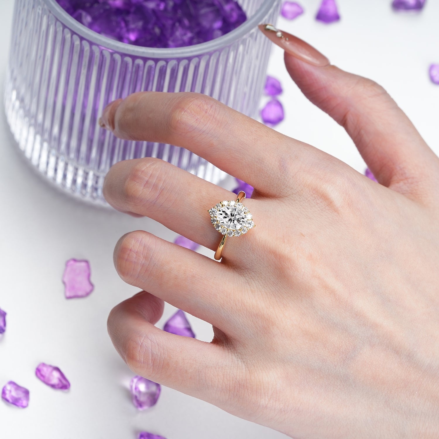 Dainty Plain Polished Band Ball Prong Oval Cut Halo Stackable Lab Diamond Engagement Ring - Additional view