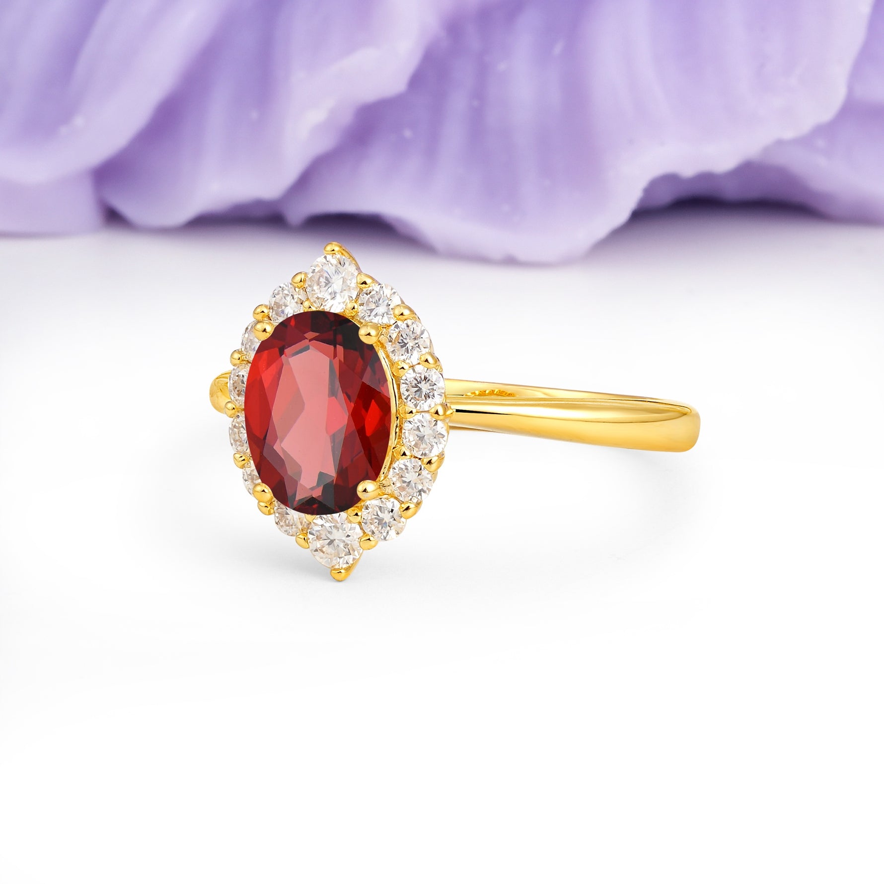 Dainty Plain Polished Band Ball Prong Oval Cut Halo Stackable Garnet Engagement Ring - Additional view