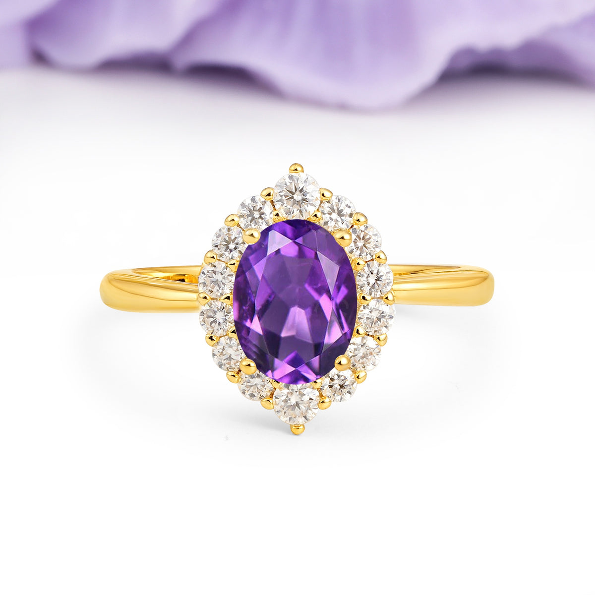 Dainty Plain Polished Band Ball Prong Oval Cut Halo Stackable Amethyst Engagement Ring - Additional view