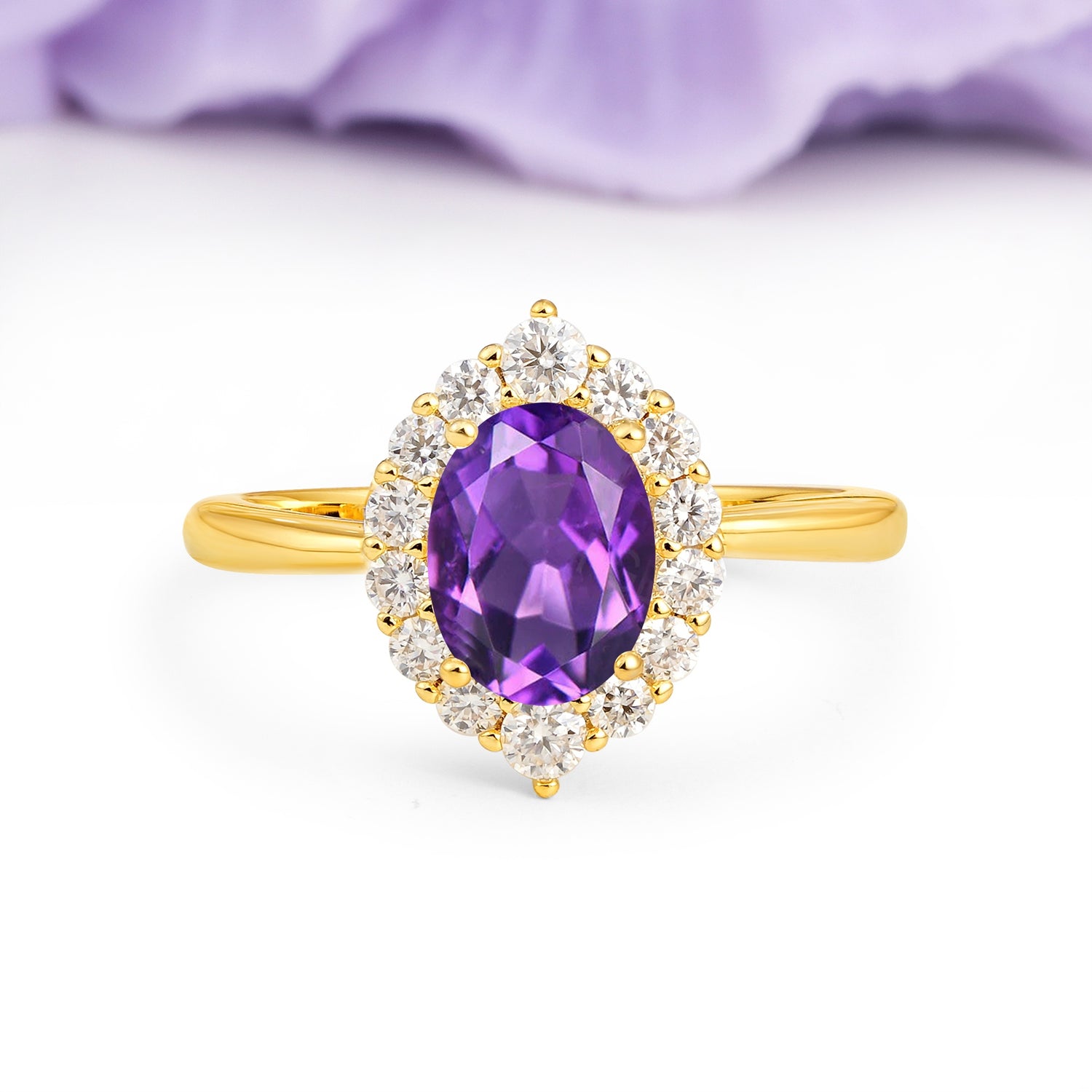 Dainty Plain Polished Band Ball Prong Oval Cut Halo Stackable Amethyst Engagement Ring - Additional view
