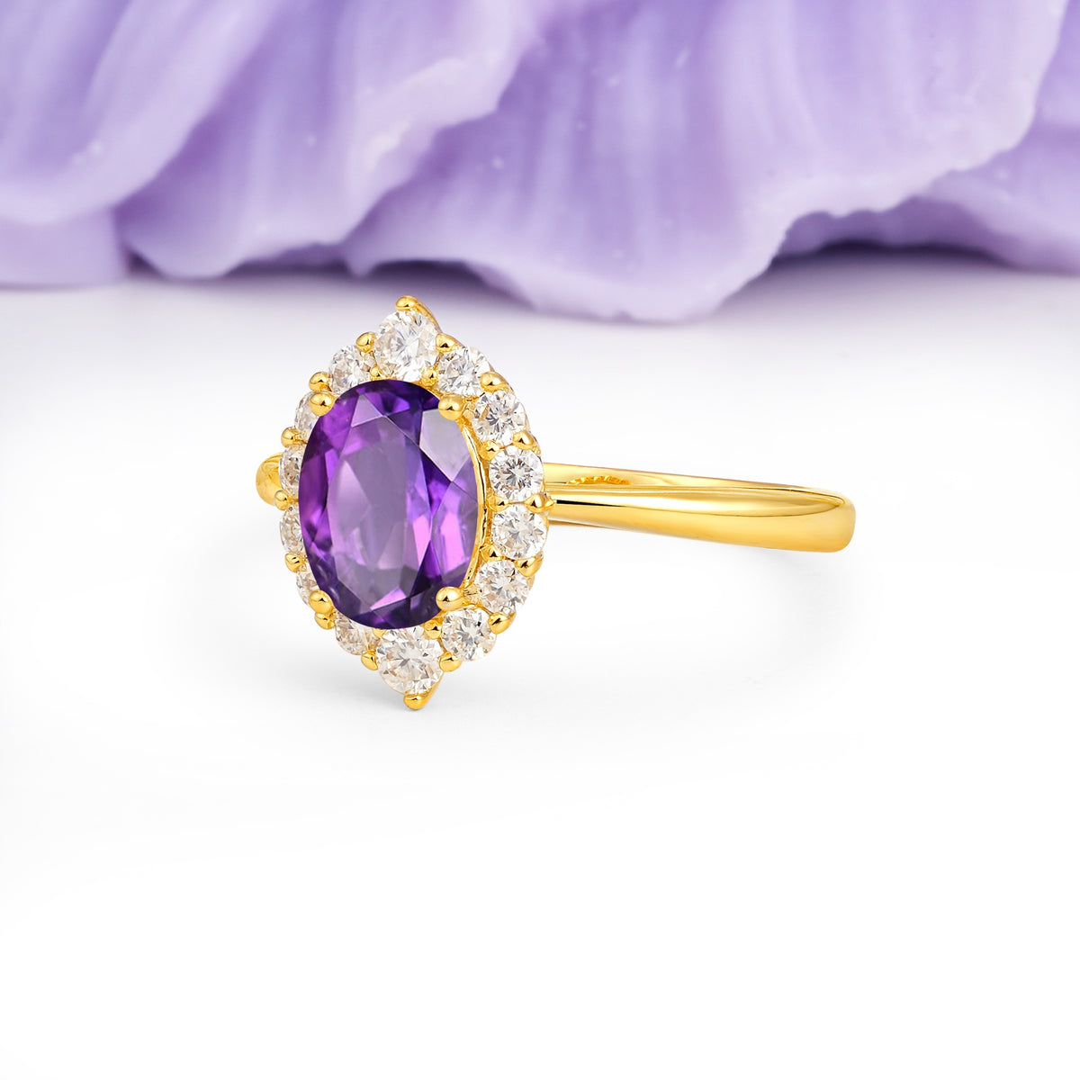 Dainty Plain Polished Band Ball Prong Oval Cut Halo Stackable Amethyst Engagement Ring - Additional view